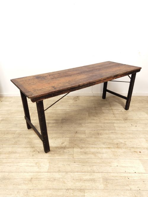 ANTIQUE EDWARDIAN DISTRESSED SOLID CHUNKY OAK PLANK TOP KITCHEN TRESTLE TABLE - ADDITIONAL PHOTO 6