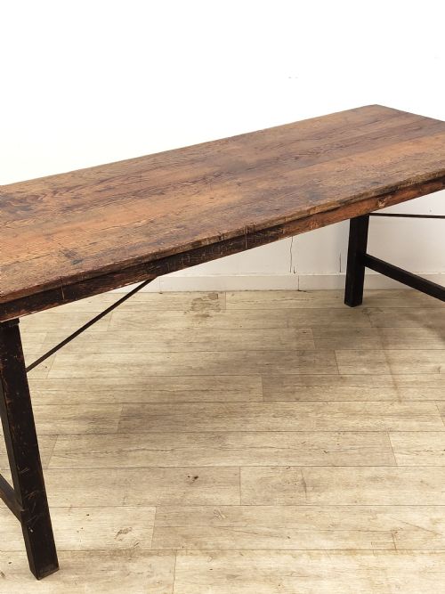 ANTIQUE EDWARDIAN DISTRESSED SOLID CHUNKY OAK PLANK TOP KITCHEN TRESTLE TABLE - ADDITIONAL PHOTO 7