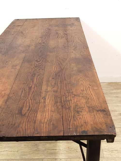 ANTIQUE EDWARDIAN DISTRESSED SOLID CHUNKY OAK PLANK TOP KITCHEN TRESTLE TABLE - ADDITIONAL PHOTO 8