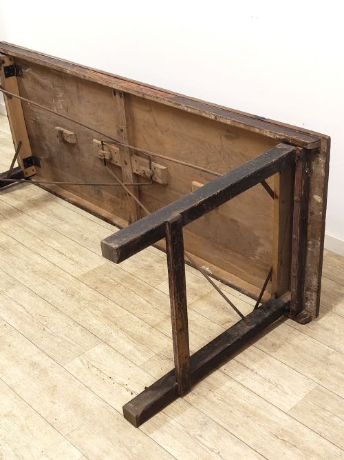 ANTIQUE EDWARDIAN DISTRESSED SOLID CHUNKY OAK PLANK TOP KITCHEN TRESTLE TABLE - ADDITIONAL PHOTO 11