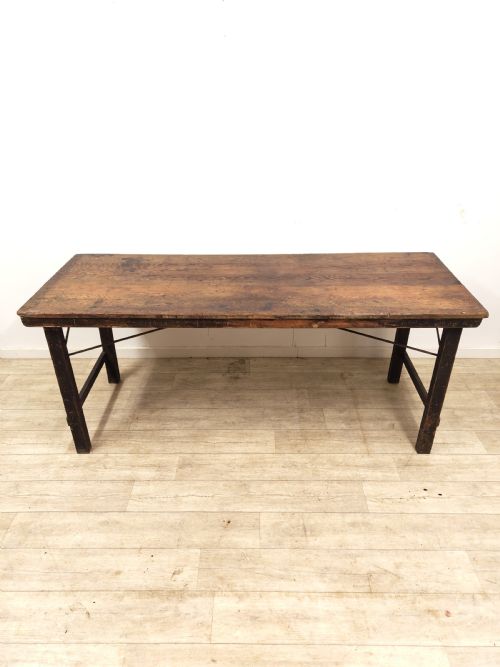 ANTIQUE EDWARDIAN DISTRESSED SOLID CHUNKY OAK PLANK TOP KITCHEN TRESTLE TABLE - ADDITIONAL PHOTO 13