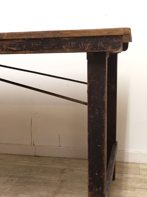 ANTIQUE EDWARDIAN DISTRESSED SOLID CHUNKY OAK PLANK TOP KITCHEN TRESTLE TABLE - ADDITIONAL PHOTO 14