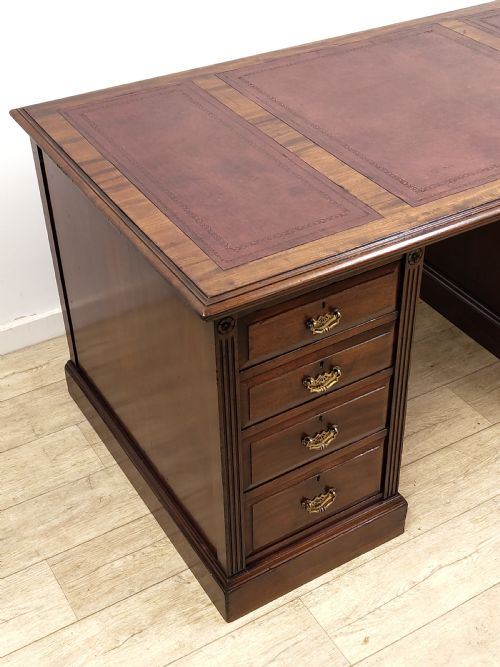 LARGE ANTIQUE EDWARDIAN SOLID MAHOGANY LEATHER TOP PEDESTAL OFFICE WORK DESK - ADDITIONAL PHOTO 11
