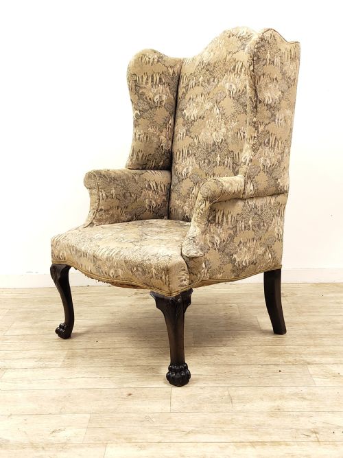 antique 18th century georgian fireside wing armchair on hairy paw feet - CATEGORY: ANTIQUE CHAIRS - DATED GEORGIAN