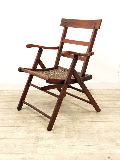 ANTIQUE ENGLISH VICTORIAN STAINED BEECH FOLDING CANE CAMPAIGN ARMCHAIR - ADDITIONAL PHOTO 4