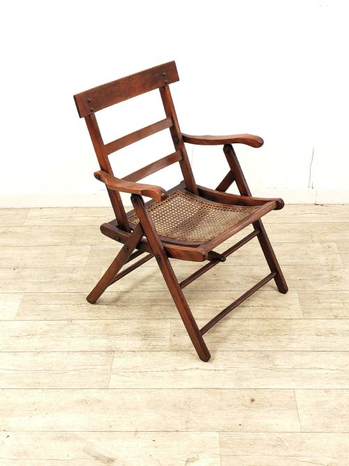 antique english victorian stained beech folding cane campaign armchair - CATEGORY: ANTIQUE CHAIRS - DATED VICTORIAN