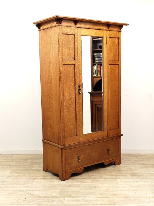 ANTIQUE SOLID GOLDEN OAK ARTS CRAFTS SINGLE HALL WARDROBE - ADDITIONAL PHOTO 13