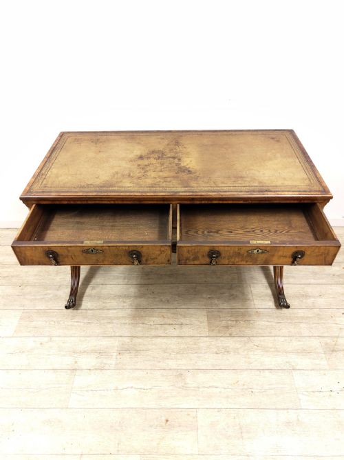 ANTIQUE LATE 19TH CENTURY BURR WALNUT LEATHER TOP WRITING OFFICE DESK WITH LYRE ENDS - ADDITIONAL PHOTO 2