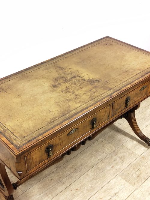 ANTIQUE LATE 19TH CENTURY BURR WALNUT LEATHER TOP WRITING OFFICE DESK WITH LYRE ENDS - ADDITIONAL PHOTO 6