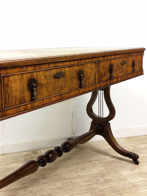 ANTIQUE LATE 19TH CENTURY BURR WALNUT LEATHER TOP WRITING OFFICE DESK WITH LYRE ENDS - ADDITIONAL PHOTO 8