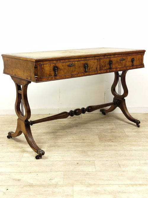 ANTIQUE LATE 19TH CENTURY BURR WALNUT LEATHER TOP WRITING OFFICE DESK WITH LYRE ENDS - ADDITIONAL PHOTO 9