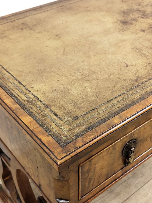 ANTIQUE LATE 19TH CENTURY BURR WALNUT LEATHER TOP WRITING OFFICE DESK WITH LYRE ENDS - ADDITIONAL PHOTO 10