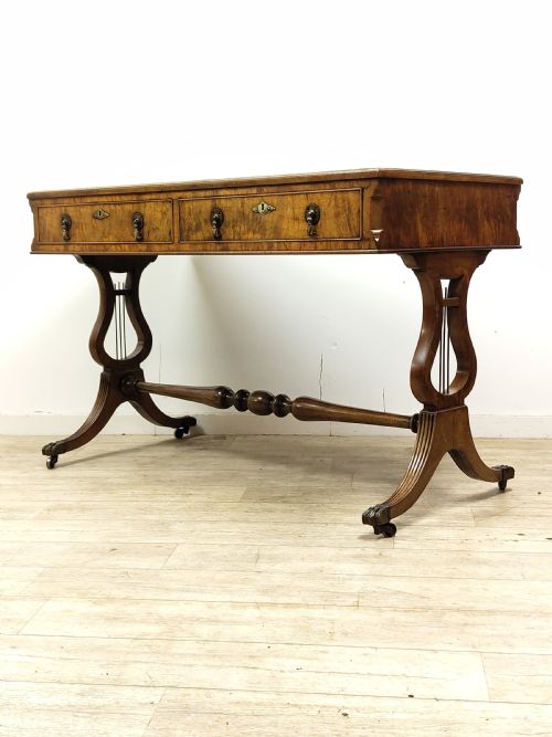 ANTIQUE LATE 19TH CENTURY BURR WALNUT LEATHER TOP WRITING OFFICE DESK WITH LYRE ENDS - ADDITIONAL PHOTO 11