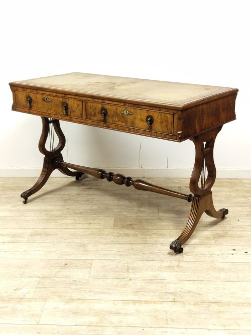 antique late 19th century burr walnut leather top writing office desk with lyre ends - CATEGORY: ANTIQUE TABLES - DATED EDWARDIAN