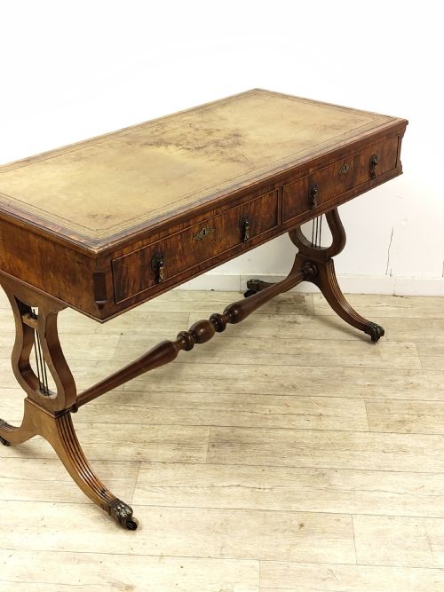ANTIQUE LATE 19TH CENTURY BURR WALNUT LEATHER TOP WRITING OFFICE DESK WITH LYRE ENDS - ADDITIONAL PHOTO 13