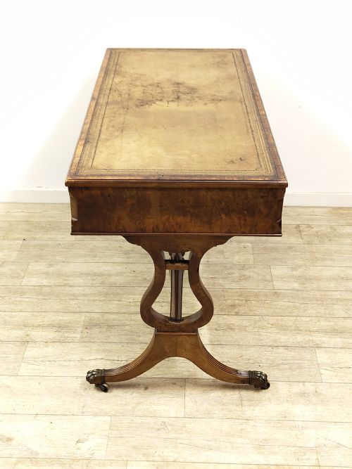 ANTIQUE LATE 19TH CENTURY BURR WALNUT LEATHER TOP WRITING OFFICE DESK WITH LYRE ENDS - ADDITIONAL PHOTO 14