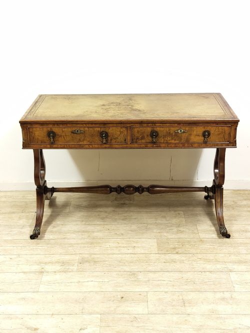 ANTIQUE LATE 19TH CENTURY BURR WALNUT LEATHER TOP WRITING OFFICE DESK WITH LYRE ENDS - ADDITIONAL PHOTO 15
