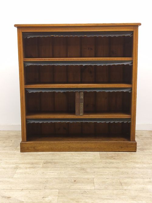 ANTIQUE VICTORIAN GOLDEN OAK INLAID OPEN BOOKCASE - ADDITIONAL PHOTO 2