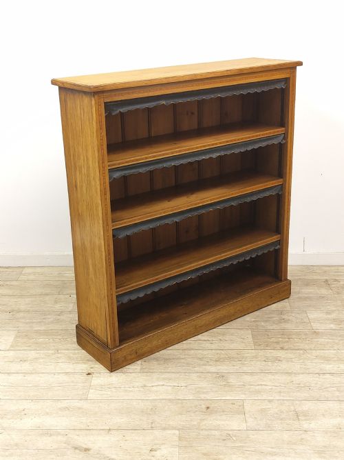 antique victorian golden oak inlaid open bookcase - CATEGORY: ANTIQUE BOOKCASES - DATED VICTORIAN