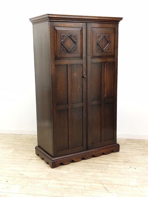 antique geometric solid oak single hall wardrobe armoire - CATEGORY: ANTIQUE WARDROBES - DATED 1930