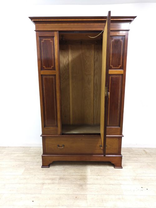 ANTIQUE EDWARDIAN INLAID MAHOGANY WALNUT LARGE SINGLE HALL WARDROBE ARMOIRE - ADDITIONAL PHOTO 2