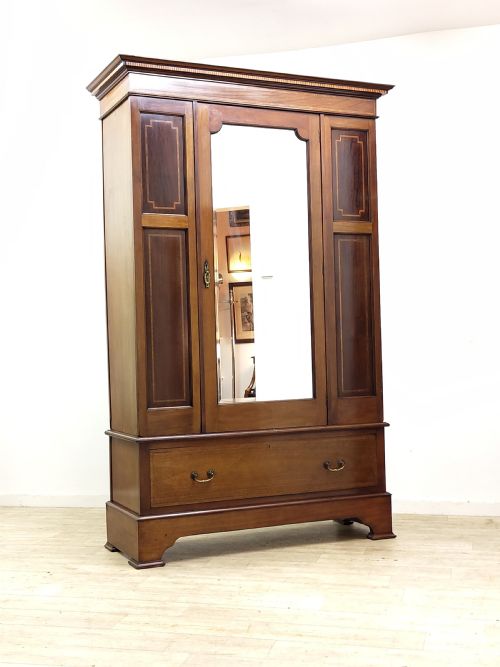 ANTIQUE EDWARDIAN INLAID MAHOGANY WALNUT LARGE SINGLE HALL WARDROBE ARMOIRE - ADDITIONAL PHOTO 8