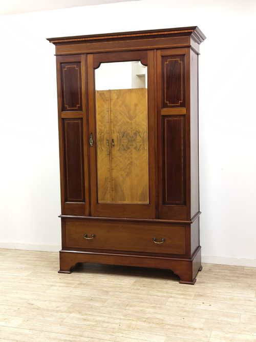 ANTIQUE EDWARDIAN INLAID MAHOGANY WALNUT LARGE SINGLE HALL WARDROBE ARMOIRE - ADDITIONAL PHOTO 9