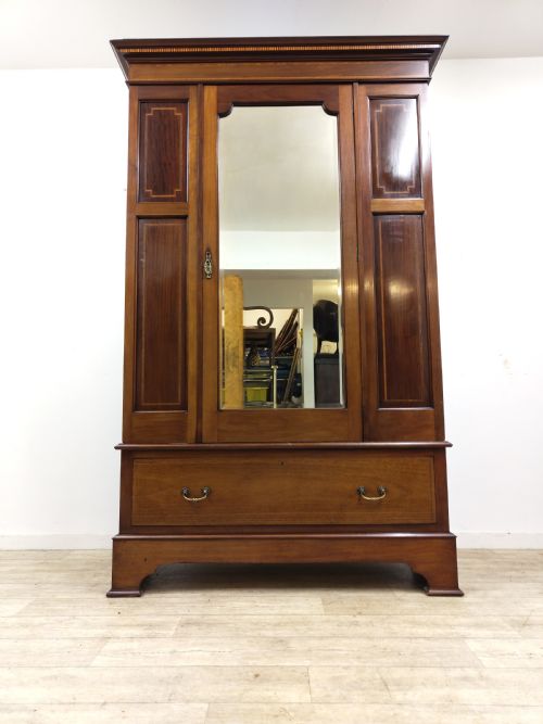 antique edwardian inlaid mahogany walnut large single hall wardrobe armoire - CATEGORY: ANTIQUE WARDROBES - DATED EDWARDIAN