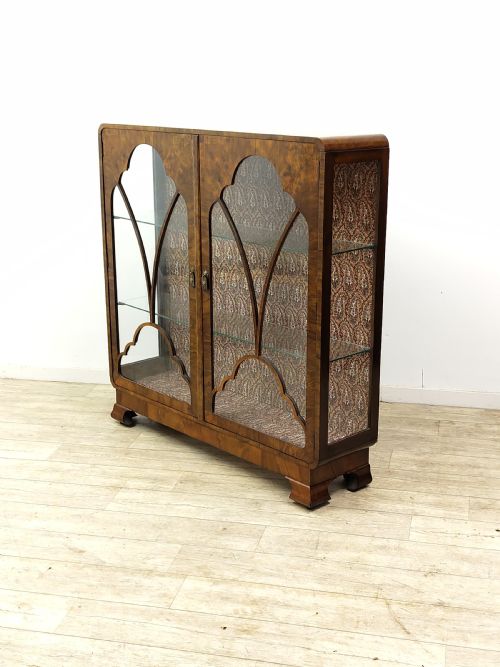 antique art deco glazed burr walnut display cabinet - CATEGORY: ANTIQUE CABINETS - DATED 1920