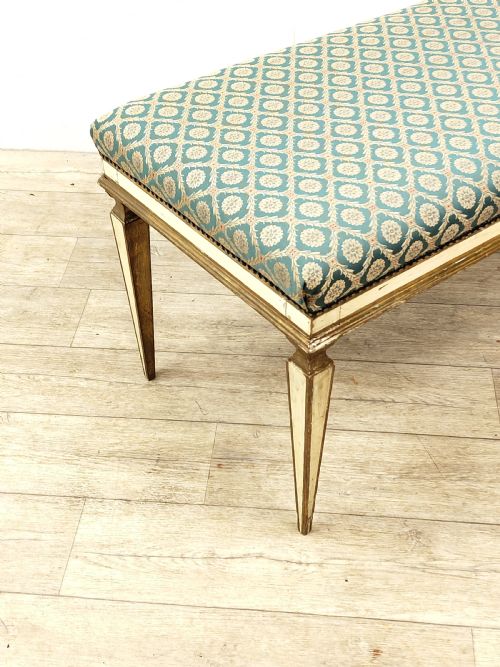 ANTIQUE FRENCH EDWARDIAN POLYCHROME PAINTED GILT WINDOW SEAT BENCH - ADDITIONAL PHOTO 12