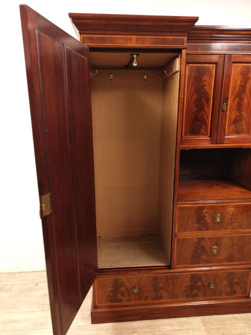 ANTIQUE EDWARDIAN BOOK MATCHED SATIN MAHOGANY DOUBLE WARDROBE COMPACTUM ARMOIRE - ADDITIONAL PHOTO 2