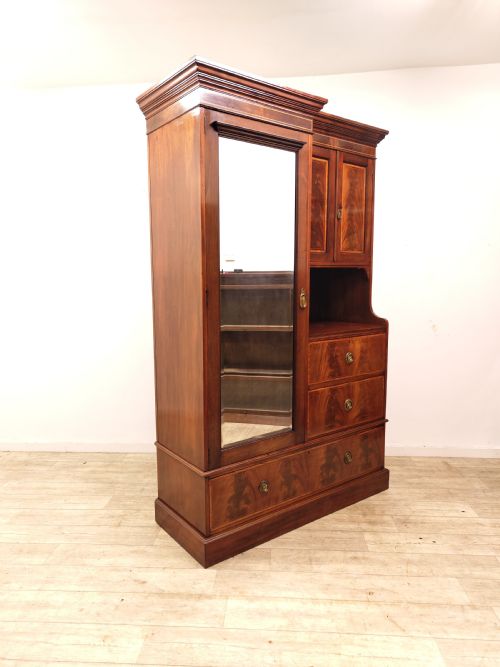ANTIQUE EDWARDIAN BOOK MATCHED SATIN MAHOGANY DOUBLE WARDROBE COMPACTUM ARMOIRE - ADDITIONAL PHOTO 4