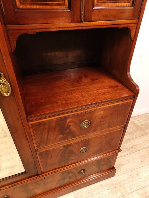 ANTIQUE EDWARDIAN BOOK MATCHED SATIN MAHOGANY DOUBLE WARDROBE COMPACTUM ARMOIRE - ADDITIONAL PHOTO 13