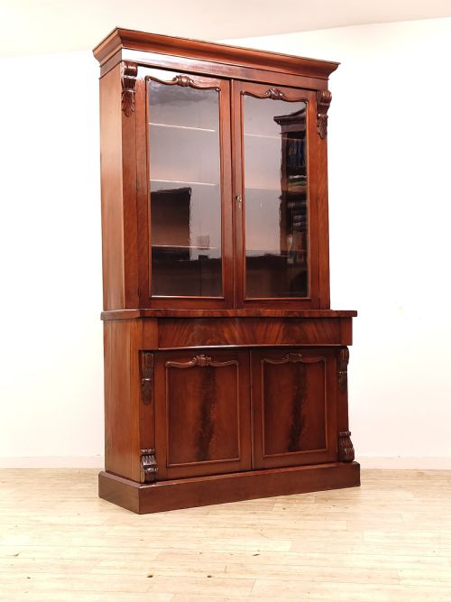 antique victorian mahogany glazed bookcase on cupboard - CATEGORY: ANTIQUE BOOKCASES - DATED VICTORIAN