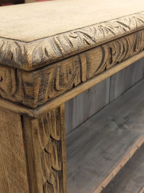 ANTIQUE VICTORIAN DISTRESSED GOTHIC CARVED OAK OPEN BOOKCASE - ADDITIONAL PHOTO 1