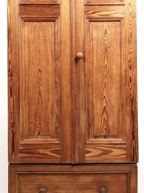 TALL ANTIQUE VICTORIAN PITCH PINE DOUBLE WARDROBE ARMOIRE - ADDITIONAL PHOTO 14