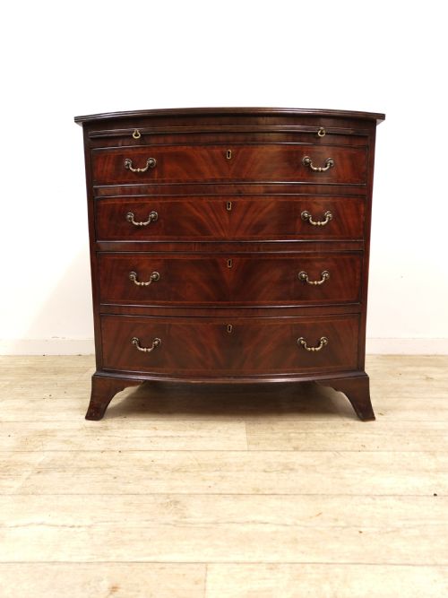 diminutive antique edwardian flame mahogany bow front chest of drawers - CATEGORY: ANTIQUE CHEST OF DRAWERS - DATED EDWARDIAN