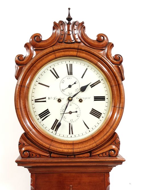 ANTIQUE WILLIAM IV SATIN MAHOGANY 8 DAY DRUM HEAD LONGCASE GRANDFATHER CLOCK BY W TAYLOR OF GLASGOW - ADDITIONAL PHOTO 9