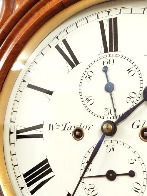 ANTIQUE WILLIAM IV SATIN MAHOGANY 8 DAY DRUM HEAD LONGCASE GRANDFATHER CLOCK BY W TAYLOR OF GLASGOW - ADDITIONAL PHOTO 4