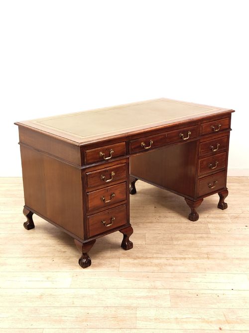antique edwardian chippendale style solid walnut leather top pedestal desk - CATEGORY: ANTIQUE DESKS - DATED EDWARDIAN
