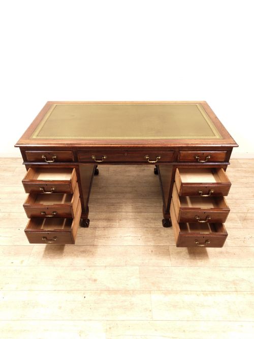 ANTIQUE EDWARDIAN CHIPPENDALE STYLE SOLID WALNUT LEATHER TOP PEDESTAL DESK - ADDITIONAL PHOTO 16