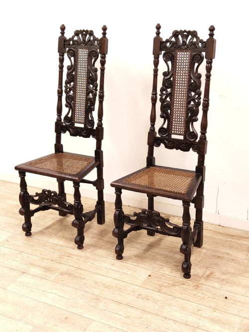matching pair of antique original 17th century carolean charles ii walnut cane carved chairs - CATEGORY: ANTIQUE CHAIRS - DATED 17TH CENTURY