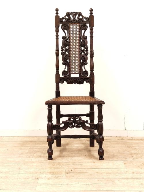 MATCHING PAIR OF ANTIQUE ORIGINAL 17TH CENTURY CAROLEAN CHARLES II WALNUT CANE CARVED CHAIRS - ADDITIONAL PHOTO 11