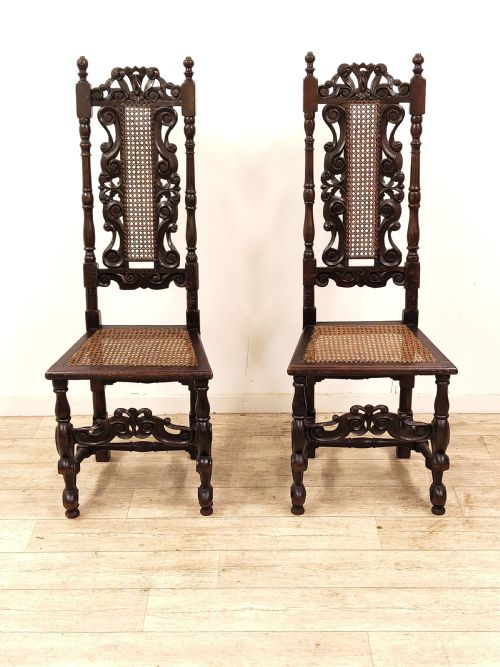 MATCHING PAIR OF ANTIQUE ORIGINAL 17TH CENTURY CAROLEAN CHARLES II WALNUT CANE CARVED CHAIRS - ADDITIONAL PHOTO 14