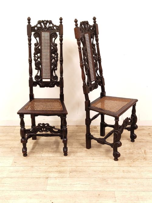 MATCHING PAIR OF ANTIQUE ORIGINAL 17TH CENTURY CAROLEAN CHARLES II WALNUT CANE CARVED CHAIRS - ADDITIONAL PHOTO 15