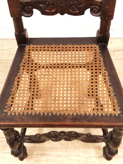 MATCHING PAIR OF ANTIQUE ORIGINAL 17TH CENTURY CAROLEAN CHARLES II WALNUT CANE CARVED CHAIRS - ADDITIONAL PHOTO 17