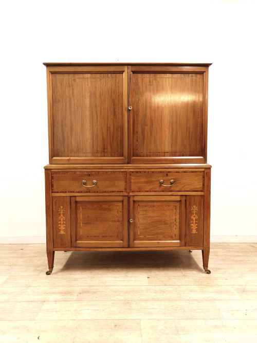 ANTIQUE EDWARDIAN INLAID SOLID MAHOGANY DWARF LINEN CUPBOARD PRESS - ADDITIONAL PHOTO 5
