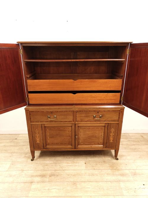 ANTIQUE EDWARDIAN INLAID SOLID MAHOGANY DWARF LINEN CUPBOARD PRESS - ADDITIONAL PHOTO 9