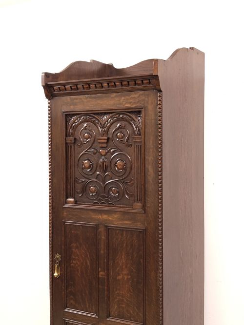 ANTIQUE SOLID CARVED OAK GEOMETRIC SINGLE HALL WARDROBE ARMOIRE COMPACTUM - ADDITIONAL PHOTO 11