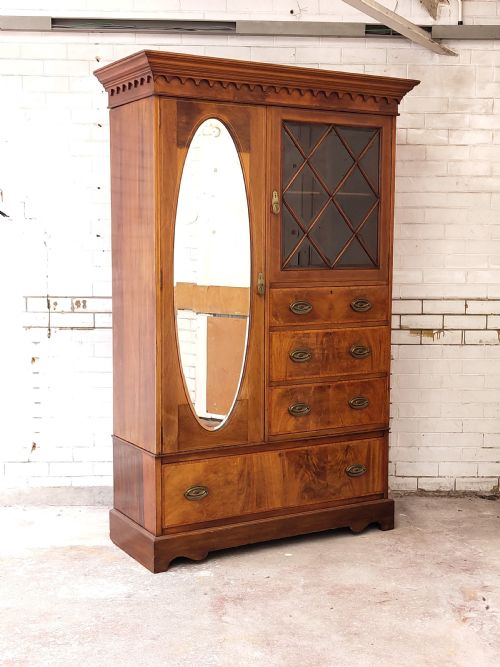 antique edwardian satin mahogany wardrobe armoire compactum - CATEGORY: ANTIQUE WARDROBES - DATED EDWARDIAN